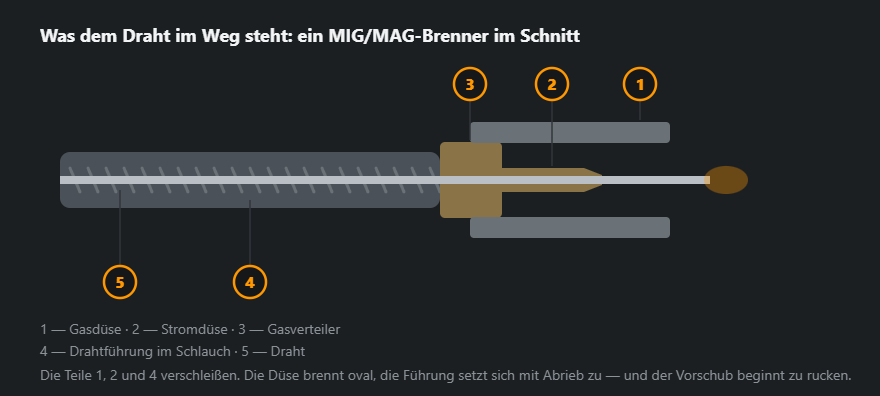 Schnitt durch einen MIG/MAG-Brenner entlang des Drahtes: Drahtführung, Gasverteiler, Stromdüse und Gasdüse