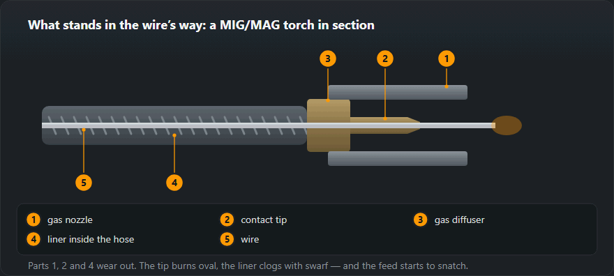 Section through a MIG/MAG torch along the wire: liner, gas diffuser, contact tip and nozzle