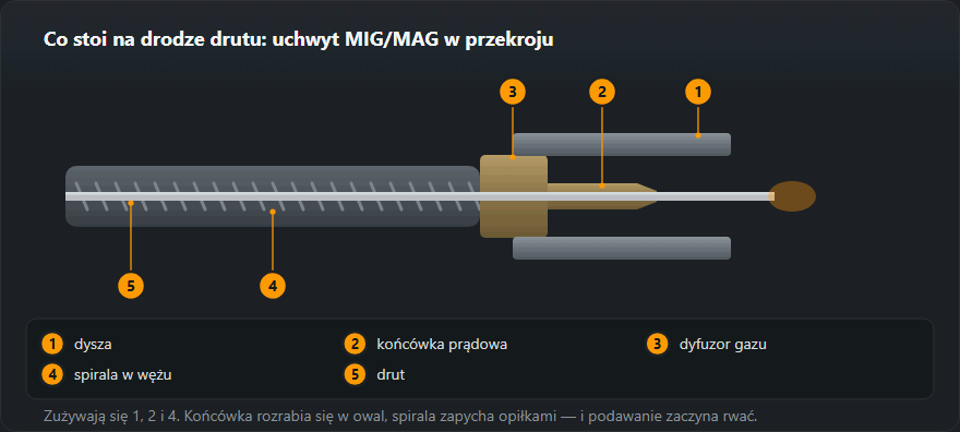Przekrój uchwytu MIG/MAG wzdłuż drutu: spirala, dyfuzor, końcówka prądowa i dysza