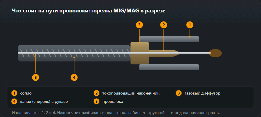 Разрез горелки MIG/MAG вдоль проволоки: канал, диффузор, токоподводящий наконечник и сопло