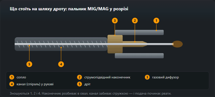 Розріз пальника MIG/MAG уздовж дроту: канал, дифузор, струмопідвідний наконечник і сопло