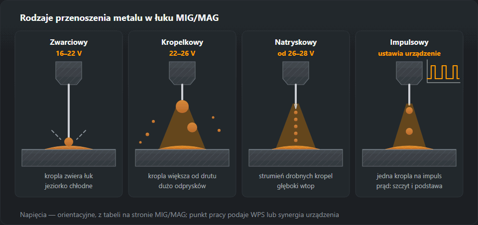 Cztery rodzaje łuku w MAG obok siebie: łuk zwarciowy z kroplą zwierającą jeziorko, łuk kroplowy z dużą, nieregularnie spadającą kroplą, łuk natryskowy ze strumieniem drobnych kropel wzdłuż osi drutu i łuk impulsowy z wykresem prądu bazowego i impulsu