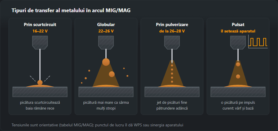 Patru tipuri de transfer MIG/MAG alăturate: arc scurt cu picătura care scurtcircuitează baia, globular cu o picătură mare care cade neregulat, spray cu un jet de picături fine pe axa sârmei și pulsat cu graficul curentului de bază și de vârf