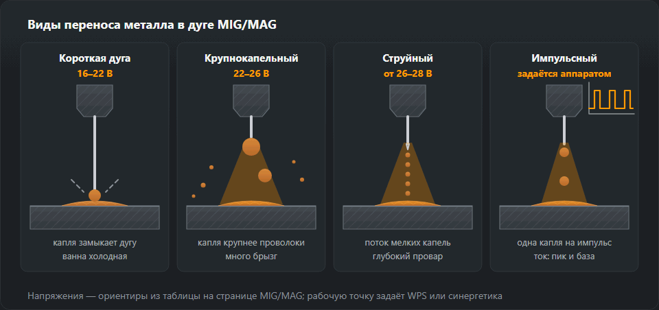 Четыре вида переноса в MAG рядом: короткая дуга с каплей, замыкающей ванну, крупнокапельный перенос с большой неровно падающей каплей, струйный перенос с потоком мелких капель по оси проволоки и импульсная дуга с графиком базового тока и импульса