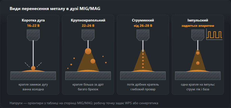 Чотири види перенесення в MAG поруч: коротка дуга з краплею, що замикає ванну, крупнокрапельне перенесення з великою нерівно падаючою краплею, струминне перенесення з потоком дрібних крапель по осі дроту та імпульсна дуга з графіком базового струму й імпульсу