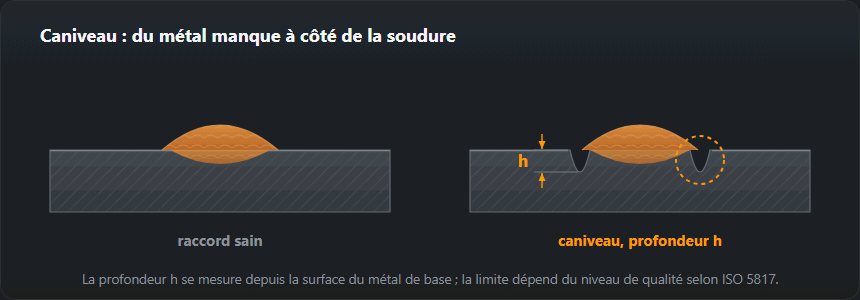 Deux coupes côte à côte : un pied de cordon sain et un caniveau de profondeur h