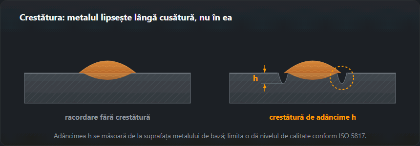 Două secțiuni alăturate: racordare corectă a cusăturii și crestătură de adâncime h