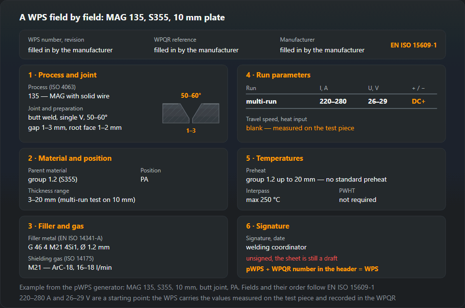 A completed WPS sheet split into a header and six blocks: process 135 and a 50–60° single-V preparation with a 1–3 mm gap, group 1.2 (S355) parent metal for 3–20 mm and position PA, G 46 4 M21 4Si1 wire with M21 gas, runs at 220–280 A and 26–29 V on DC+, interpass up to 250 °C and the coordinator’s signature