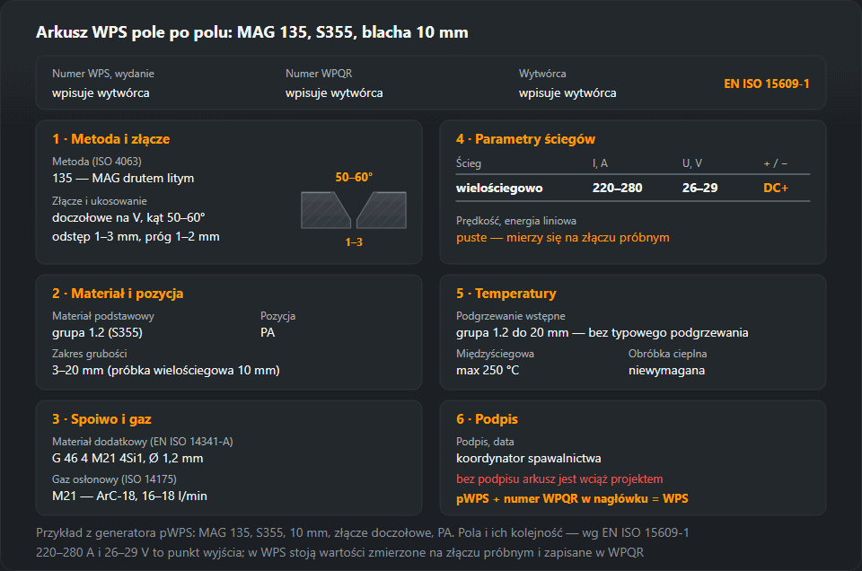 Wypełniony arkusz WPS podzielony na nagłówek i sześć bloków: metoda 135 i złącze na V 50–60° z odstępem 1–3 mm, materiał grupy 1.2 (S355) w zakresie 3–20 mm i pozycja PA, drut G 46 4 M21 4Si1 z gazem M21, ściegi 220–280 A i 26–29 V na DC+, temperatura międzyściegowa do 250 °C i podpis koordynatora